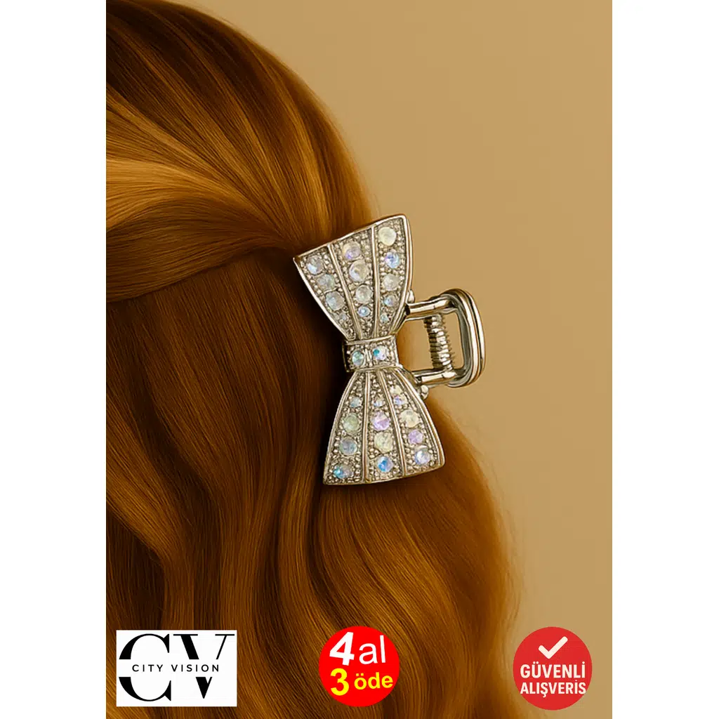 4 cm Gümüş Fiyonk Taşlı Saç Tokası – Işıltılı ve Zarif Metal Saç Aksesuarı