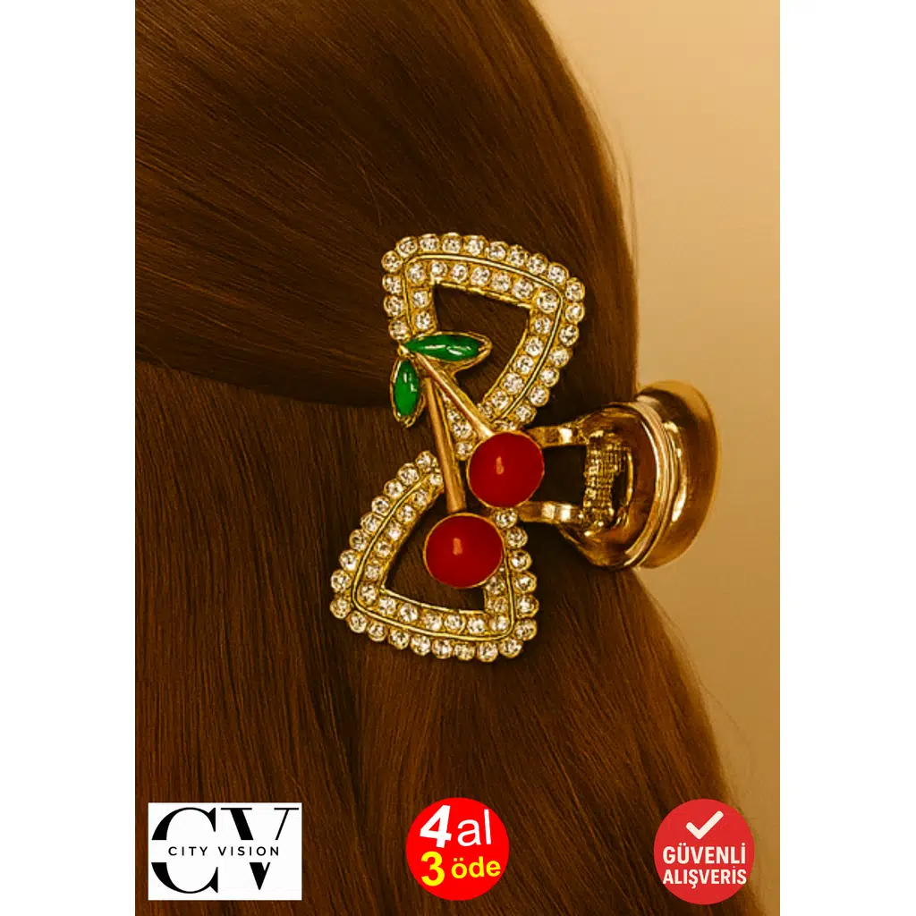 4 cm Kiraz Detaylı Gold Taşlı Saç Tokası – Işıltılı ve Şık Mini Metal Mandal Toka