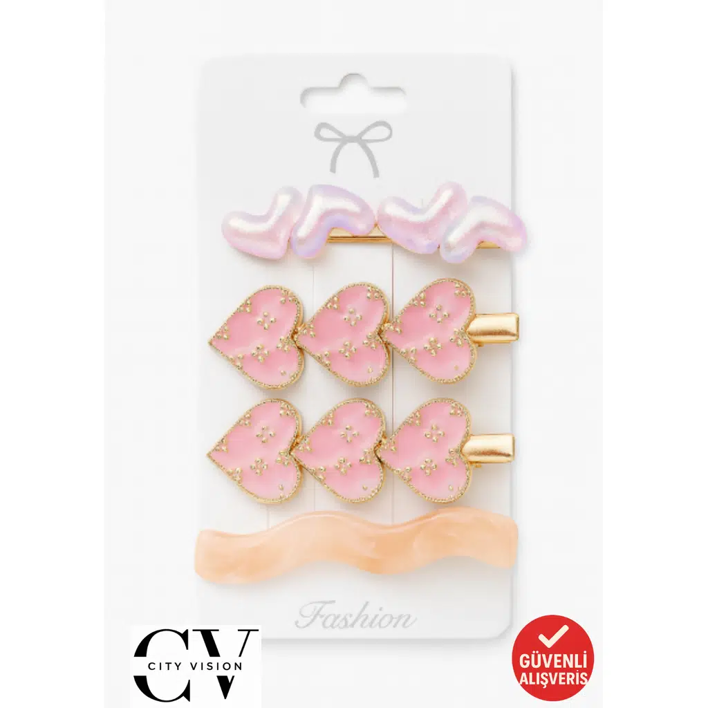 4'lü Kalp Tasarımlı Pembe Altın Renk Saç Tokası Seti – 6 cm