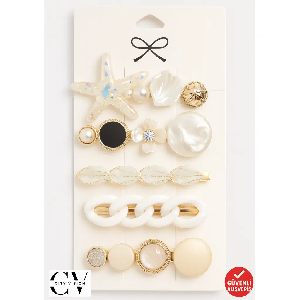 5 adet İnci & Sedef Detaylı 6 cm Klips Saç Tokası Seti