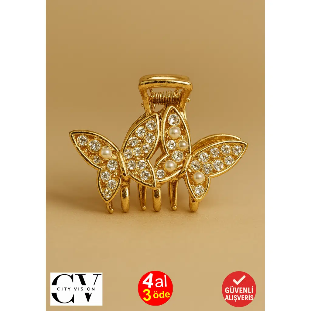 5 cm Gold Kelebek Formlu Taş ve İnci Detaylı Saç Tokası – Zarif ve Işıltılı Metal Mandal Toka