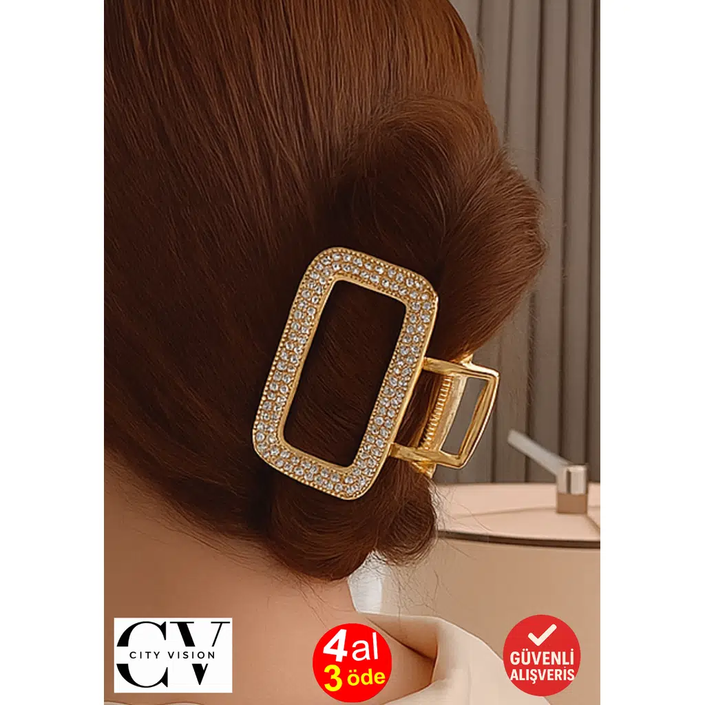 5 cm Gold Taşlı Dikdörtgen Saç Tokası – Işıltılı Zarif Metal Mandal Toka