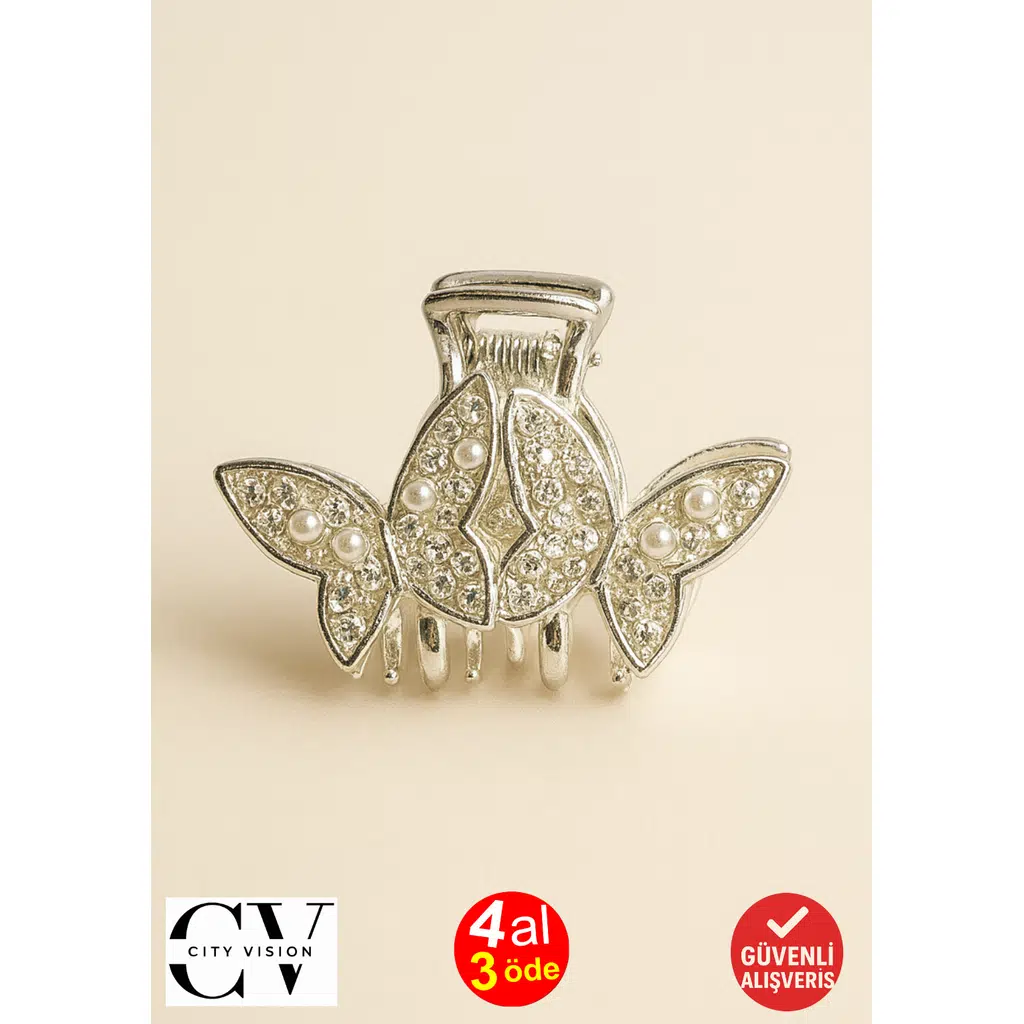 5 cm Gümüş Kelebek Formlu Taş ve İnci Detaylı Saç Tokası – Zarif ve Işıltılı Metal Mandal Toka