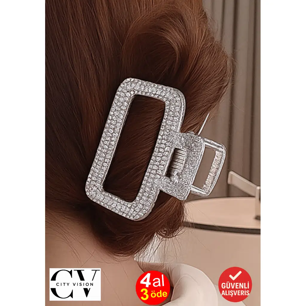 5 cm Gümüş Taşlı Dikdörtgen Saç Tokası – Işıltılı Zarif Metal Mandal Toka