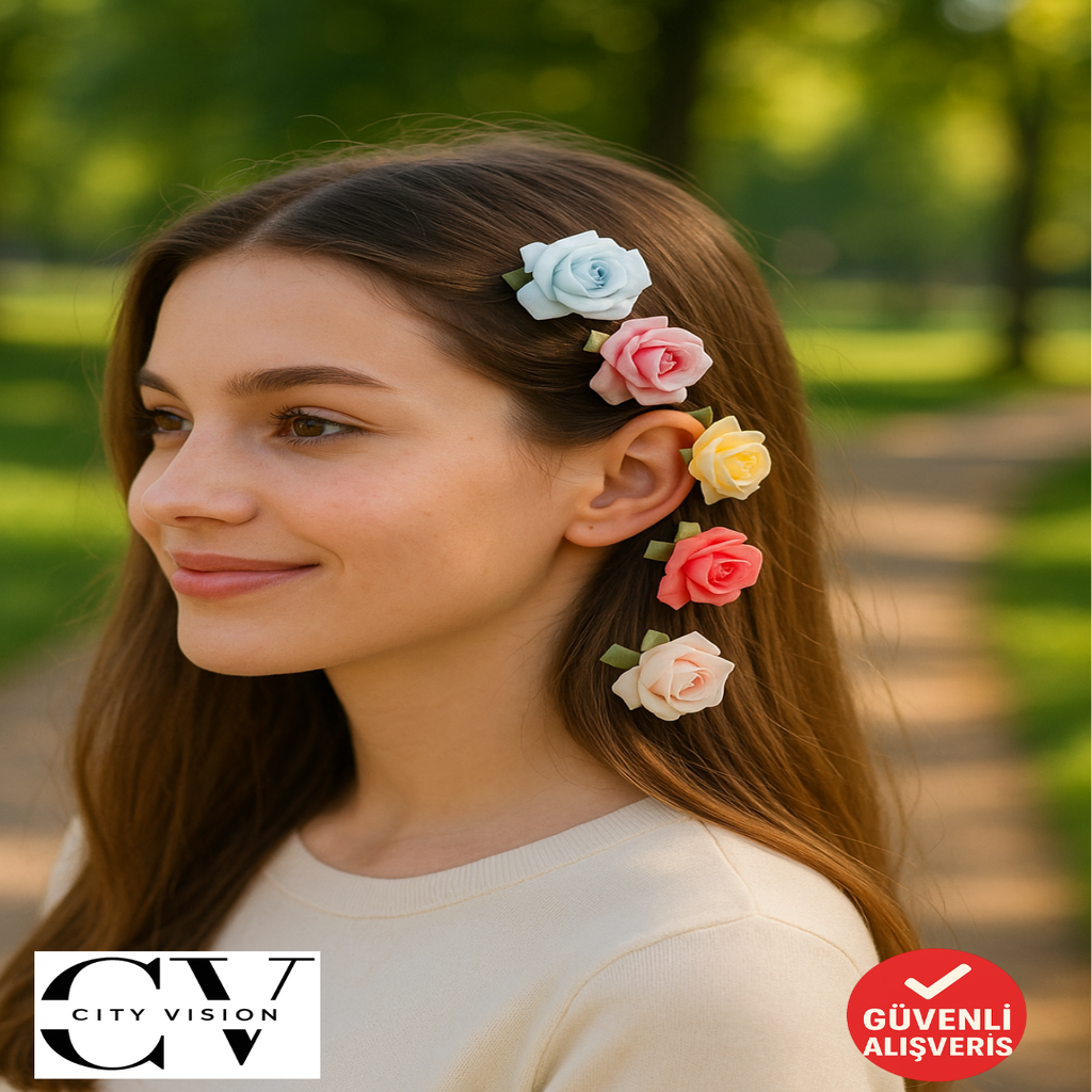 5'li Çiçek Desenli Saç Tokası Seti – 5 cm Renkli Gül Model Mandal Tokalar