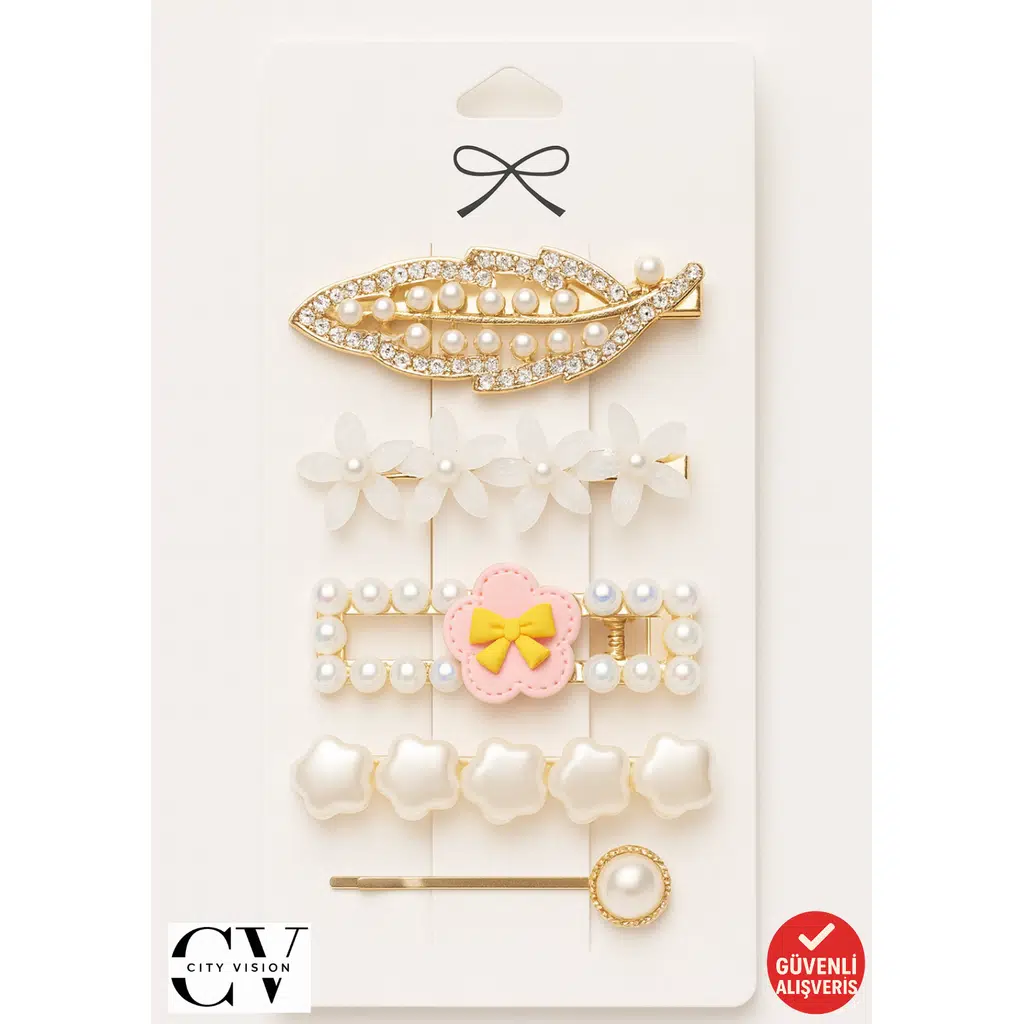 5’li İnci & Taş Detaylı Saç Tokası Seti (6 cm) — Çiçekli, Yaprak Model, Gold