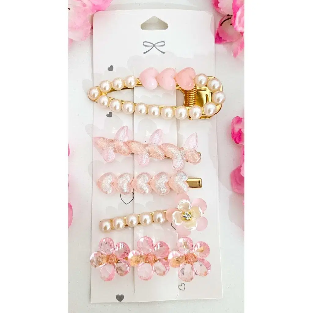 5li İncili Taşlı Çiçekli Toka Seti 7 cm