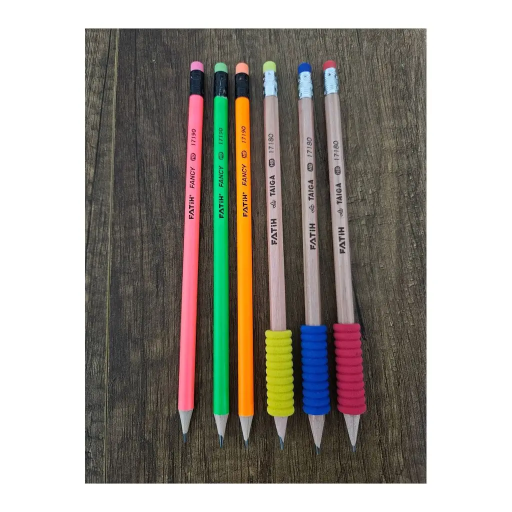 6 adet Neon ve Tutacaklı HB Silgili Kurşun Kalem - 3 adet Neon ve 3 adet Tutacaklı Grip- Fatih Kalem