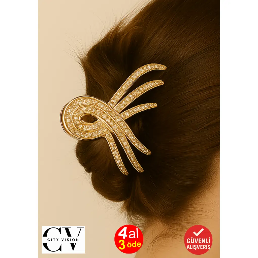 7 cm Altın Taşlı Dal Formu Saç Tokası – Zarif ve Işıltılı Metal Mandal Toka
