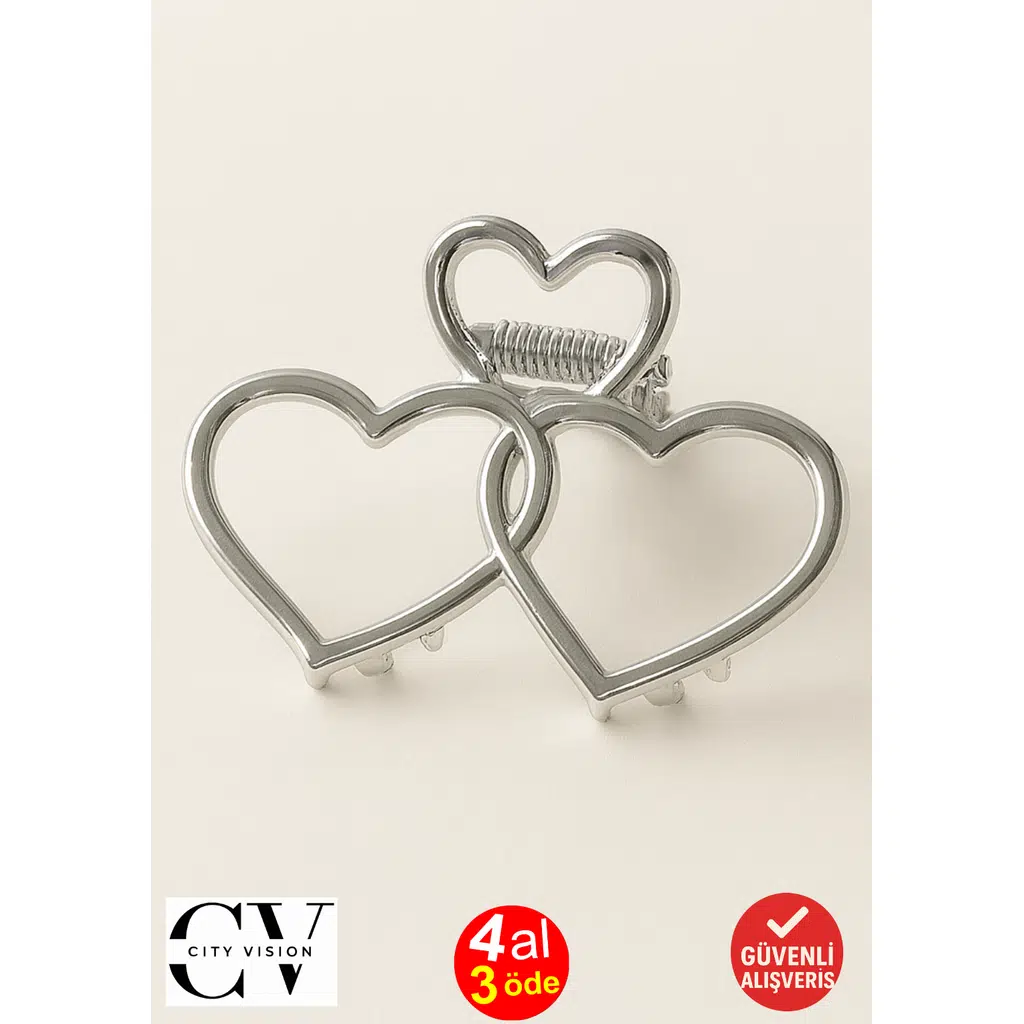 7 cm Çift Kalp Model Gümüş Saç Tokası – Zarif ve Romantik Metal Mandal Toka