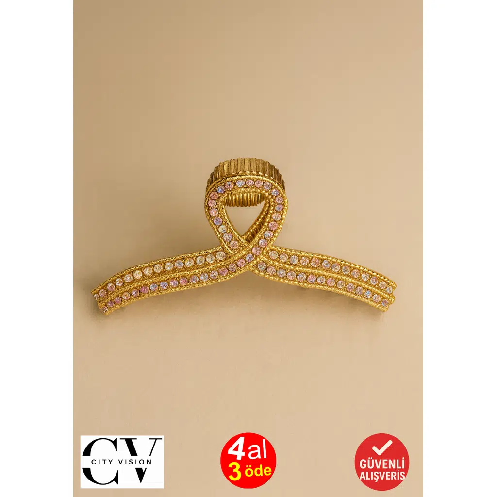 7 cm Gold Fiyonk Model Taşlı Saç Tokası – Renkli Işıltılı Metal Mandal Toka