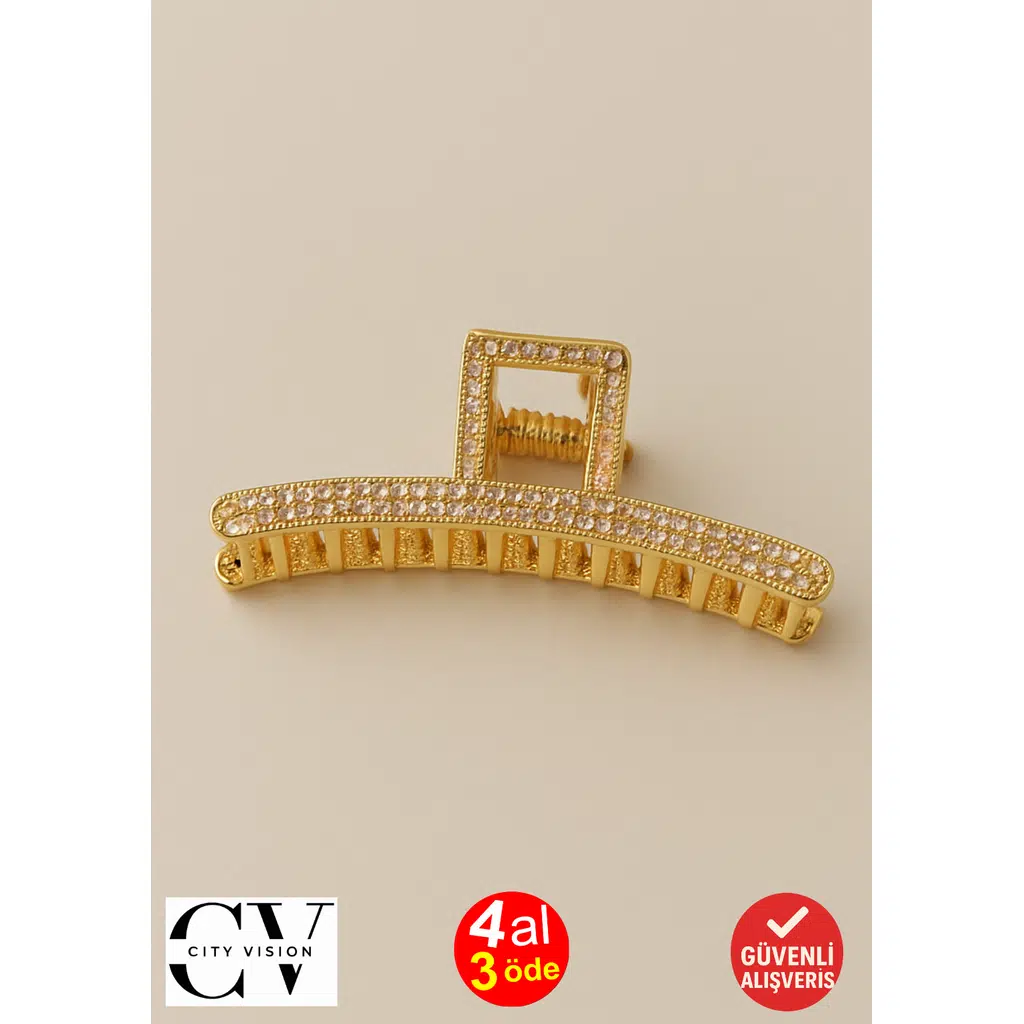 7 cm Gold Taşlı Kavisli Saç Tokası – Şık ve Işıltılı Metal Mandal Toka