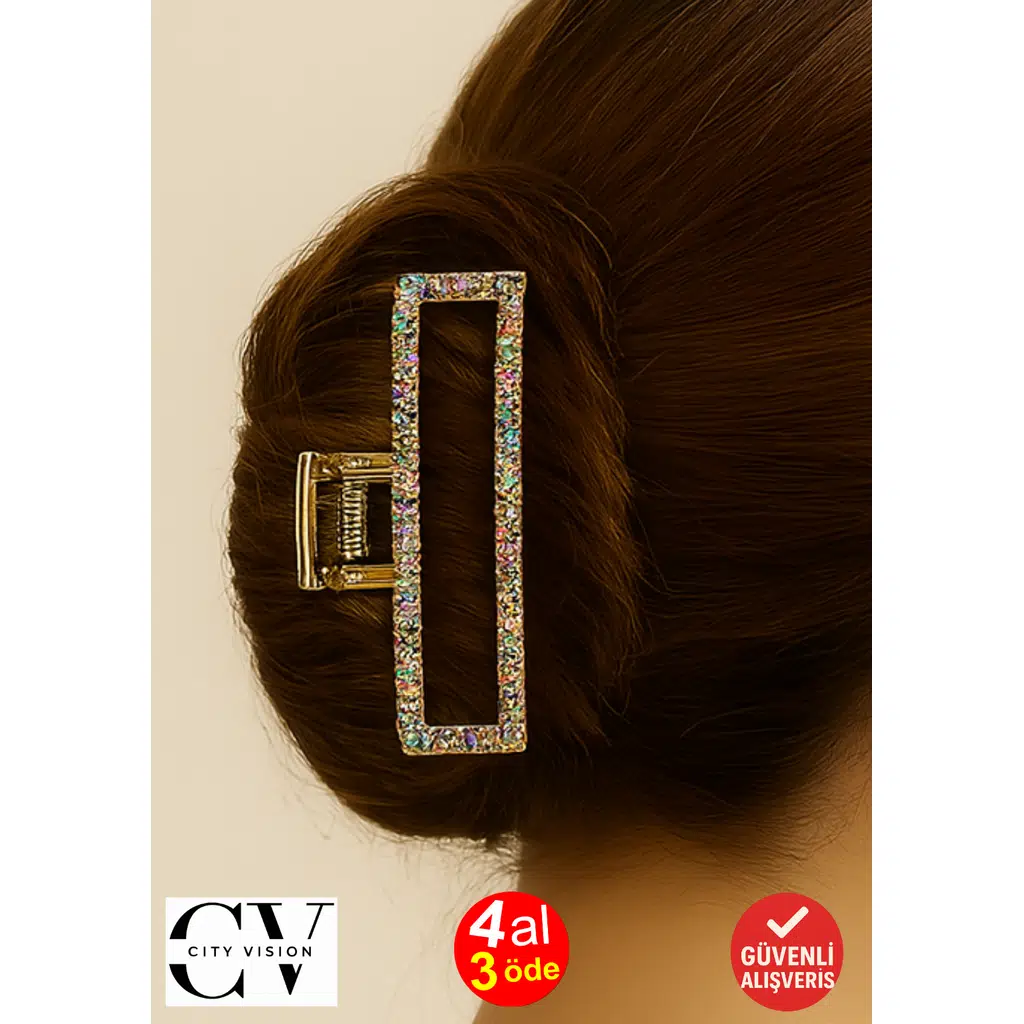 7 cm Renkli Taşlı Dikdörtgen Gold Saç Tokası – Işıltılı ve Modern Metal Mandal Toka