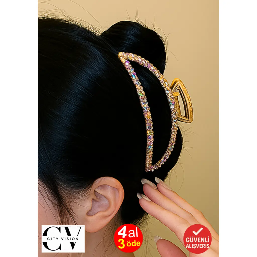 7 cm Renkli Taşlı Eliptik Model Gold Saç Tokası – Işıltılı ve Modern Metal Mandal Toka