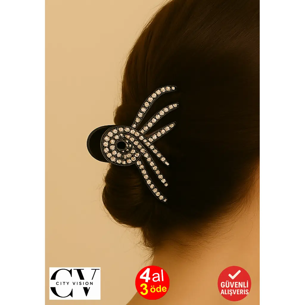 7 cm Siyah Taşlı Dal Formu Saç Tokası – Zarif ve Işıltılı Metal Mandal Toka