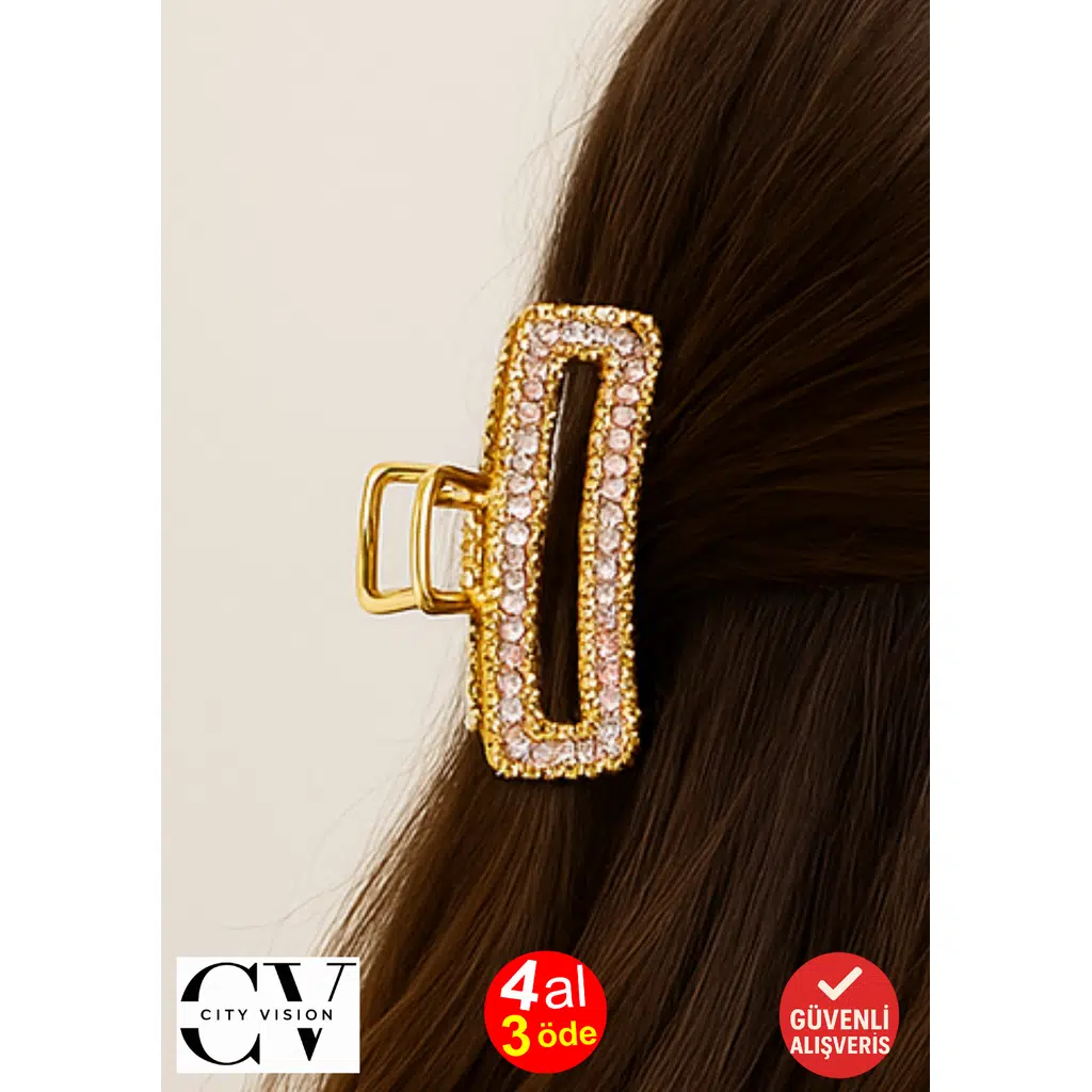 7 cm Taşlı Eliptik Gold Saç Tokası – Işıltılı ve Zarif Metal Mandal Toka