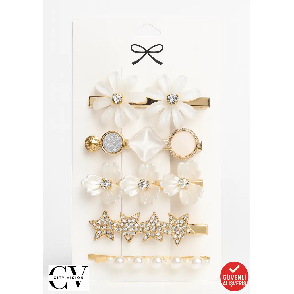 Altın Detaylı 5’li Saç Tokası Seti – Çiçek, Yıldız ve İnci Tasarım, 6 cm