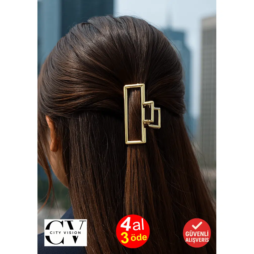 Altın Renk Dikdörtgen Metal Mandal Saç Tokası 9 cm