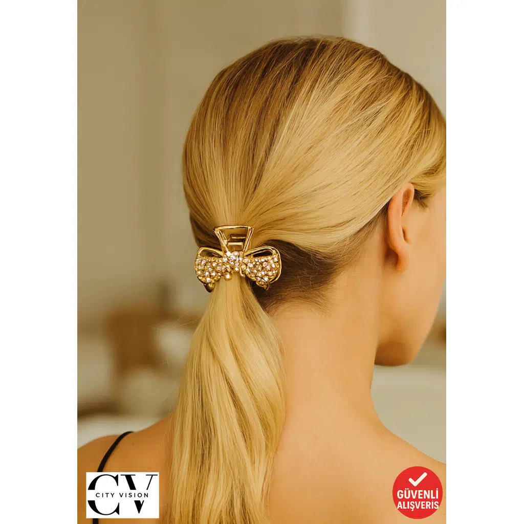 Altın Renk Kristal Taşlı Metal Saç Tokası – 4,5 cm Küçük Boy