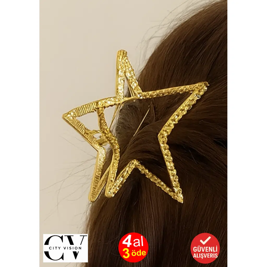 Altın Renk Metal Yıldız Model Mandal Saç Tokası 7 cm