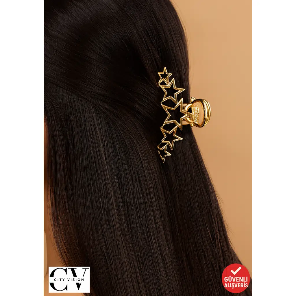 Altın Renk Yıldız Desenli Metal Saç Tokası 7 cm