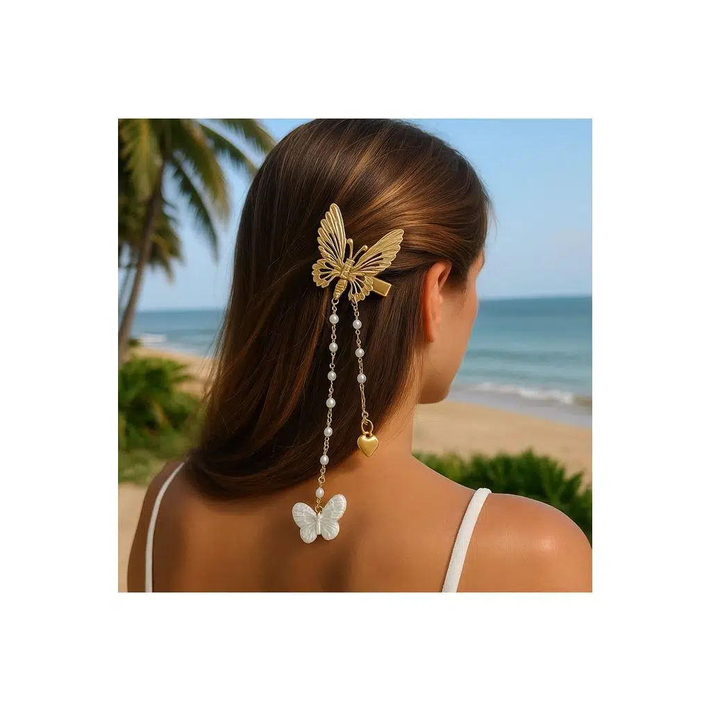 Altın Renk Zarif Kelebek Saç Tokası – Zincirli Boncuk Süslemeli Kadın Mandal Toka