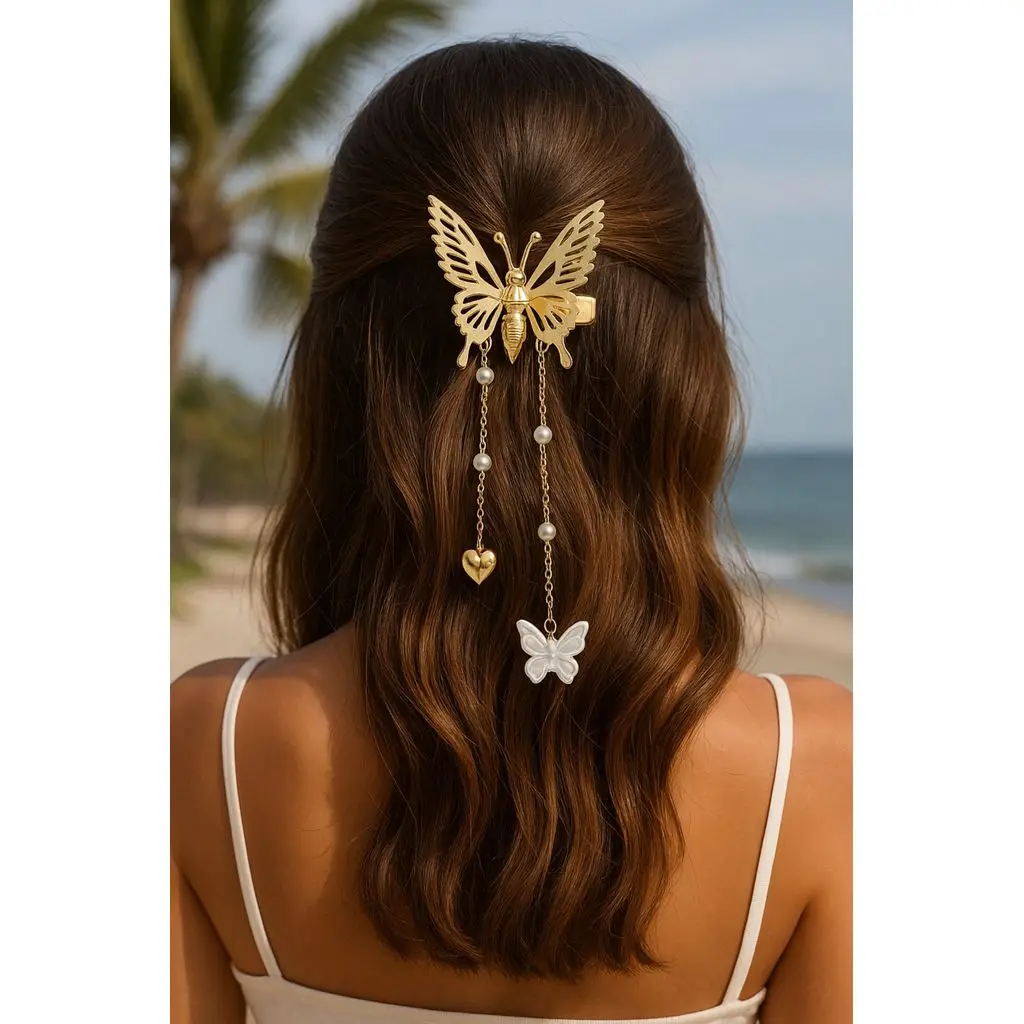 Altın Renk Zarif Kelebek Saç Tokası – Zincirli Boncuk Süslemeli Kadın Mandal Toka