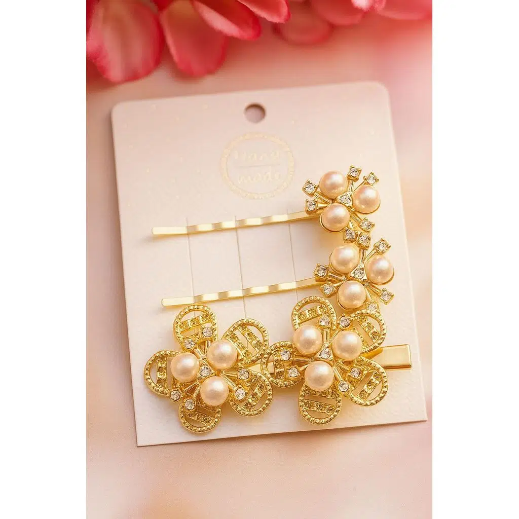 Altın Renkli İnci Taşlı Çiçek Model 3'lü Saç Tokası Seti