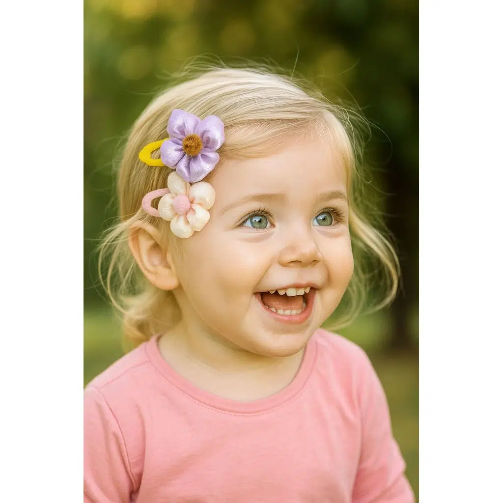 Bebek ve Kız Çocuk Çiçek Desenli Kumaş Saç Tokası 2’li Set – Günlük Kullanım İçin Yumuşak Şık Toka