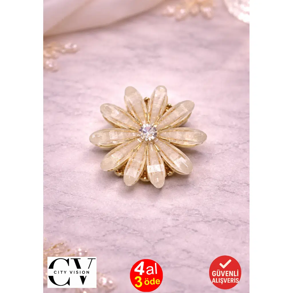 Bej Çiçek Model Kristal Detaylı Mini Saç Tokası – Şık ve Zarif Mandal Toka 2,5 cm