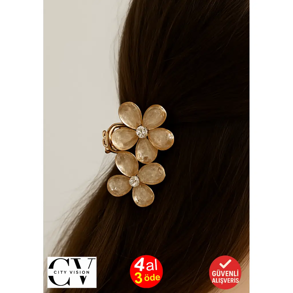 Bej Taşlı Çiçek Gümüş Detaylı Metal Mandal Toka 4 cm 