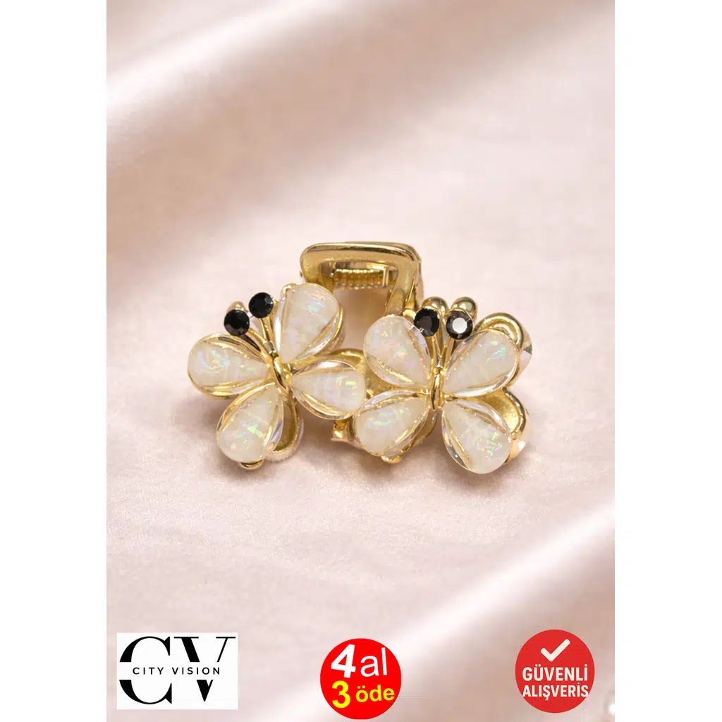 Beyaz İnci Görünümlü Kelebek Formlu Gold Kadın Saç Tokası – Zarif Taş Detaylı Metal Mandal Toka 4 cm