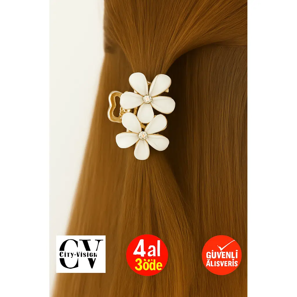 Beyaz Taşlı Çiçek Metal Mandal Toka 4 cm 