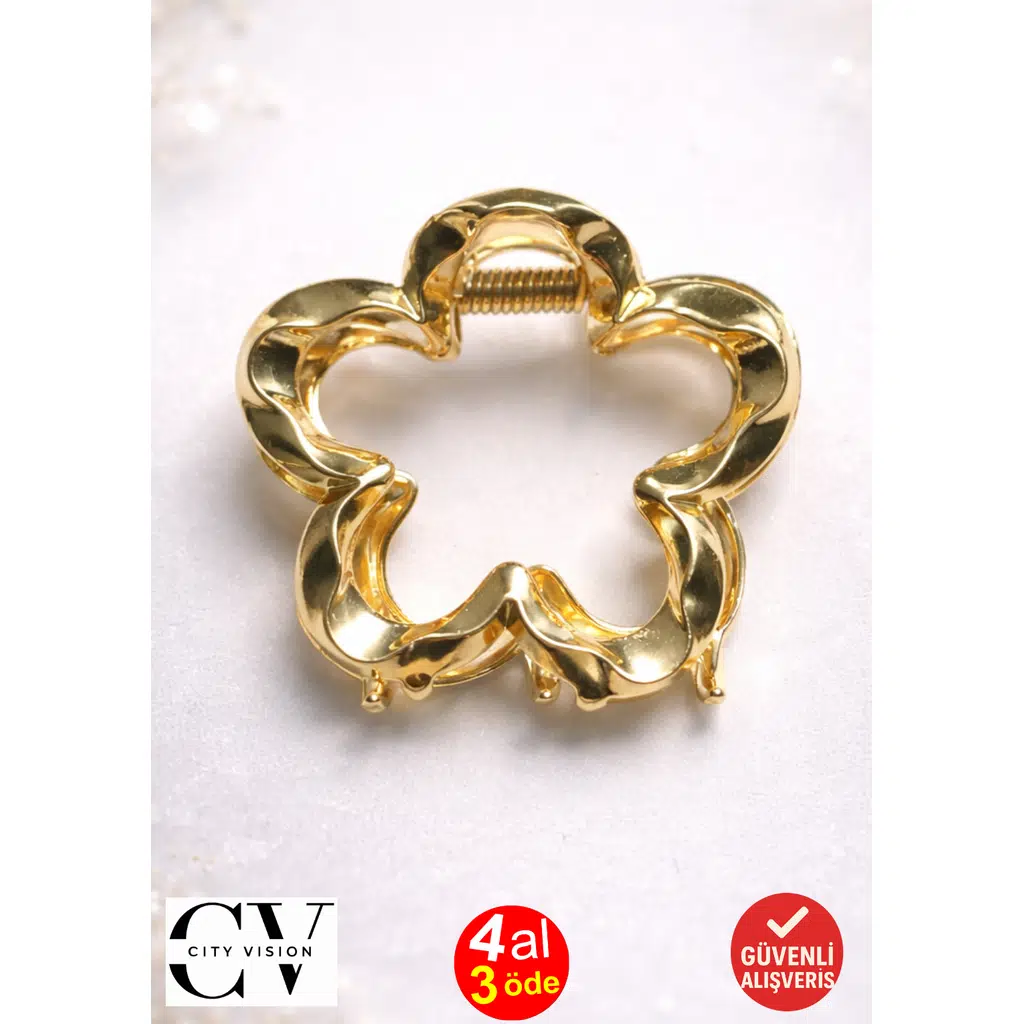 Çiçek Model Gold Metal Saç Tokası – Şık ve Zarif Mandal Toka 5 cm