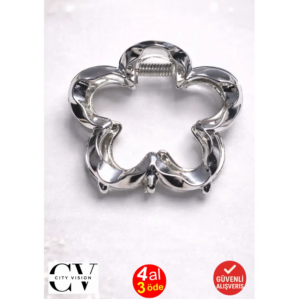 Çiçek Model Silver Metal Saç Tokası – Şık ve Zarif Mandal Toka 5 cm