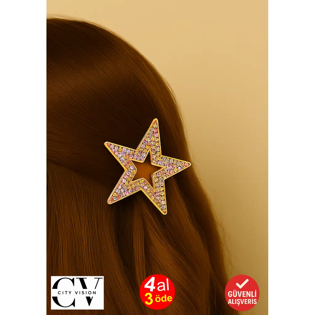 Çok Renkli Taş Detaylı Yıldız Formlu 5 cm Gold Saç Tokası – Işıltılı ve Modern Tasarım