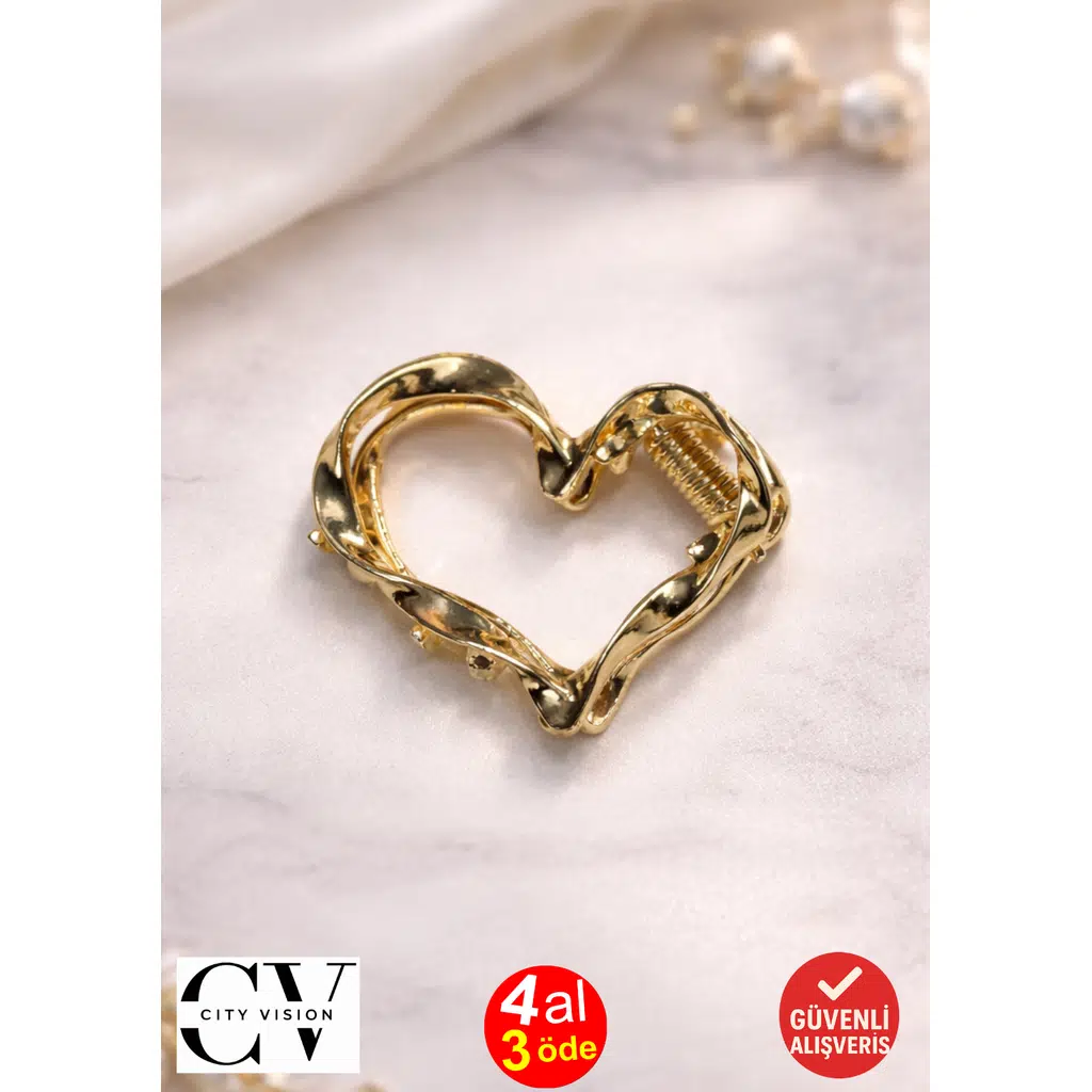 Dalga Formlu Kalp Model Gold Saç Tokası – Şık ve Zarif Metal Mandal Toka 4 cm