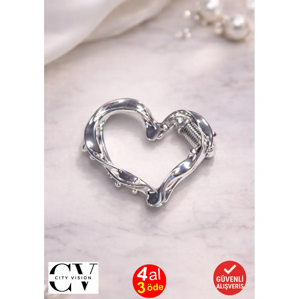 Dalga Formlu Kalp Model Gümüş Saç Tokası – Şık ve Zarif Metal Mandal Toka 4 cm