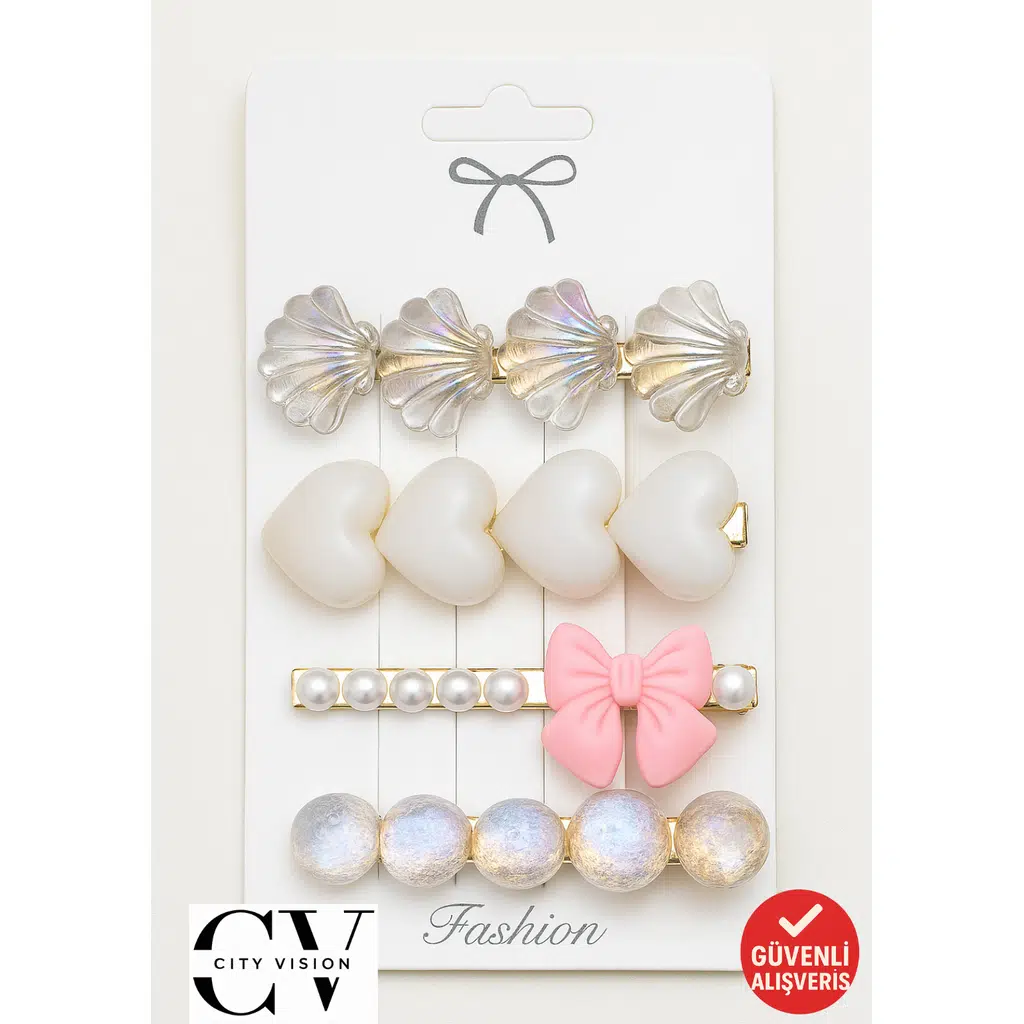 Deniz Kabuğu ve İnci Detaylı 4’lü Zarif Saç Tokası Seti 6 cm