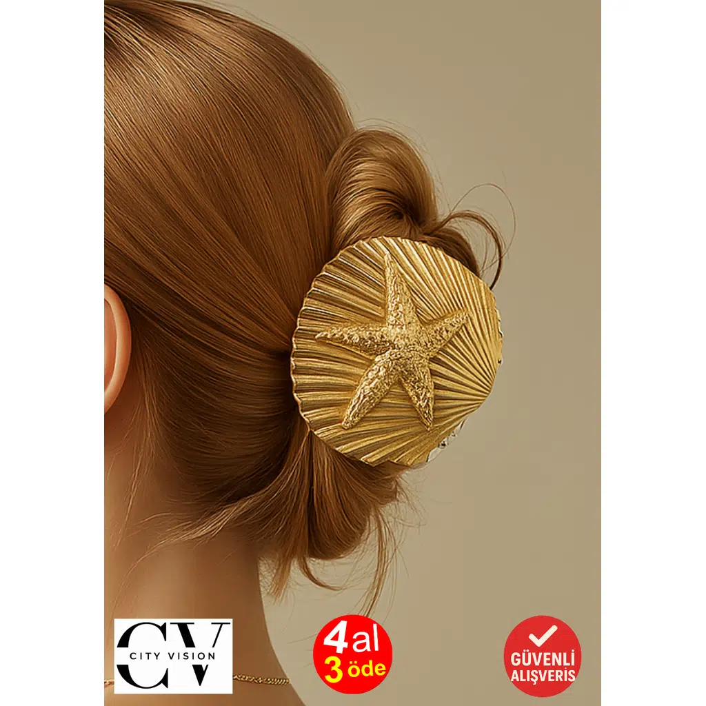 Deniz Yıldızı ve Deniz Kabuğu Tasarımlı Metal Mandal Saç Tokası Altın Renk 5 cm – Zarif ve Şık Aksesuar