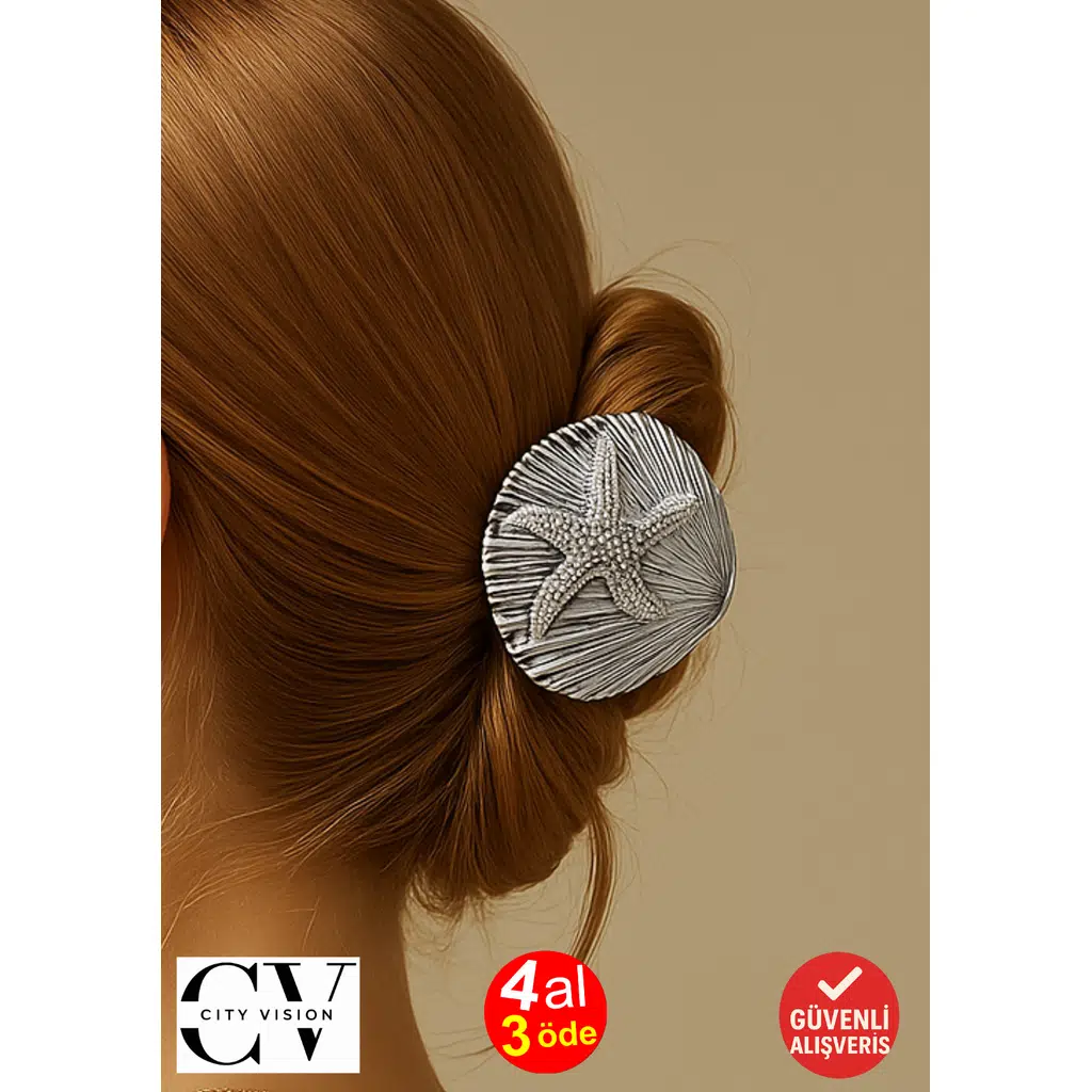 Deniz Yıldızı ve Deniz Kabuğu Tasarımlı Metal Mandal Saç Tokası Gümüş Renk 5 cm – Zarif ve Şık Aksesuar