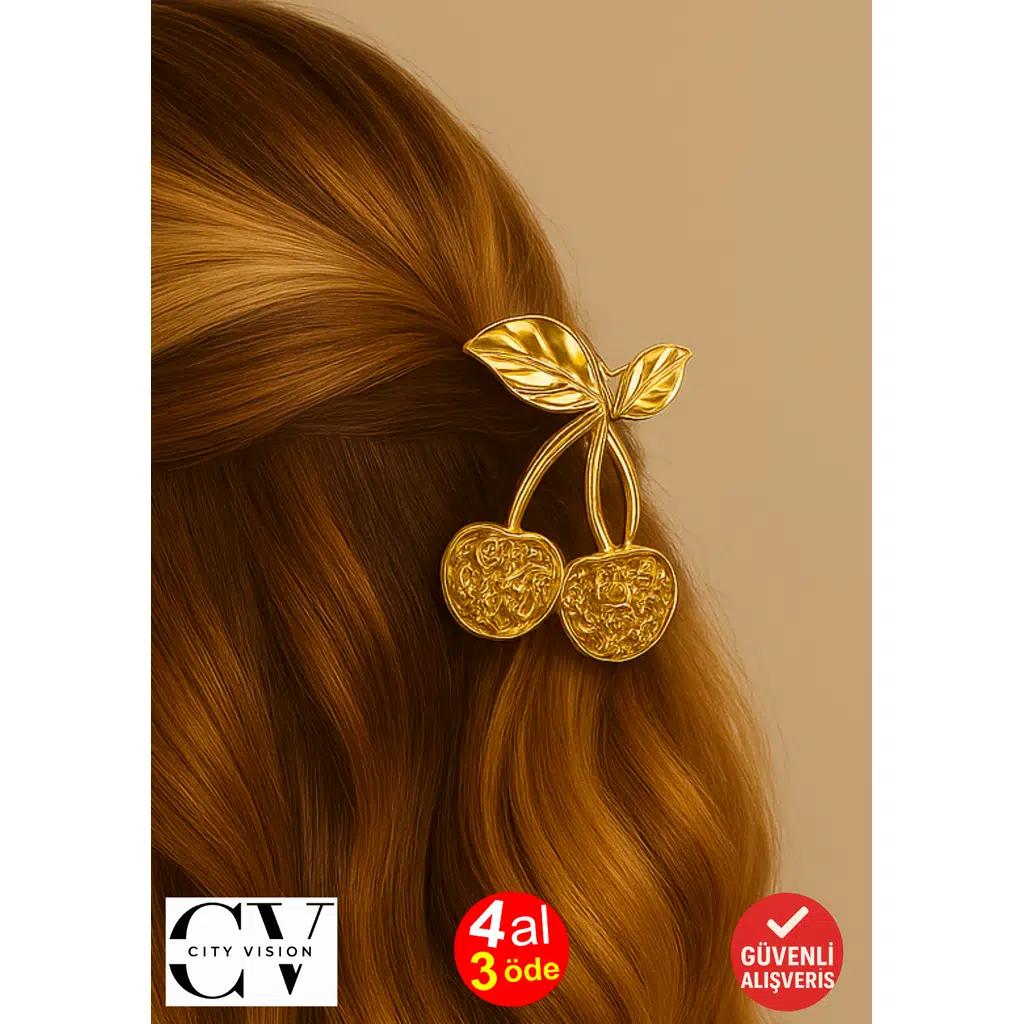 Gold Kiraz Formlu 7 cm Saç Tokası – Zarif ve Modern Metal Saç Aksesuarı