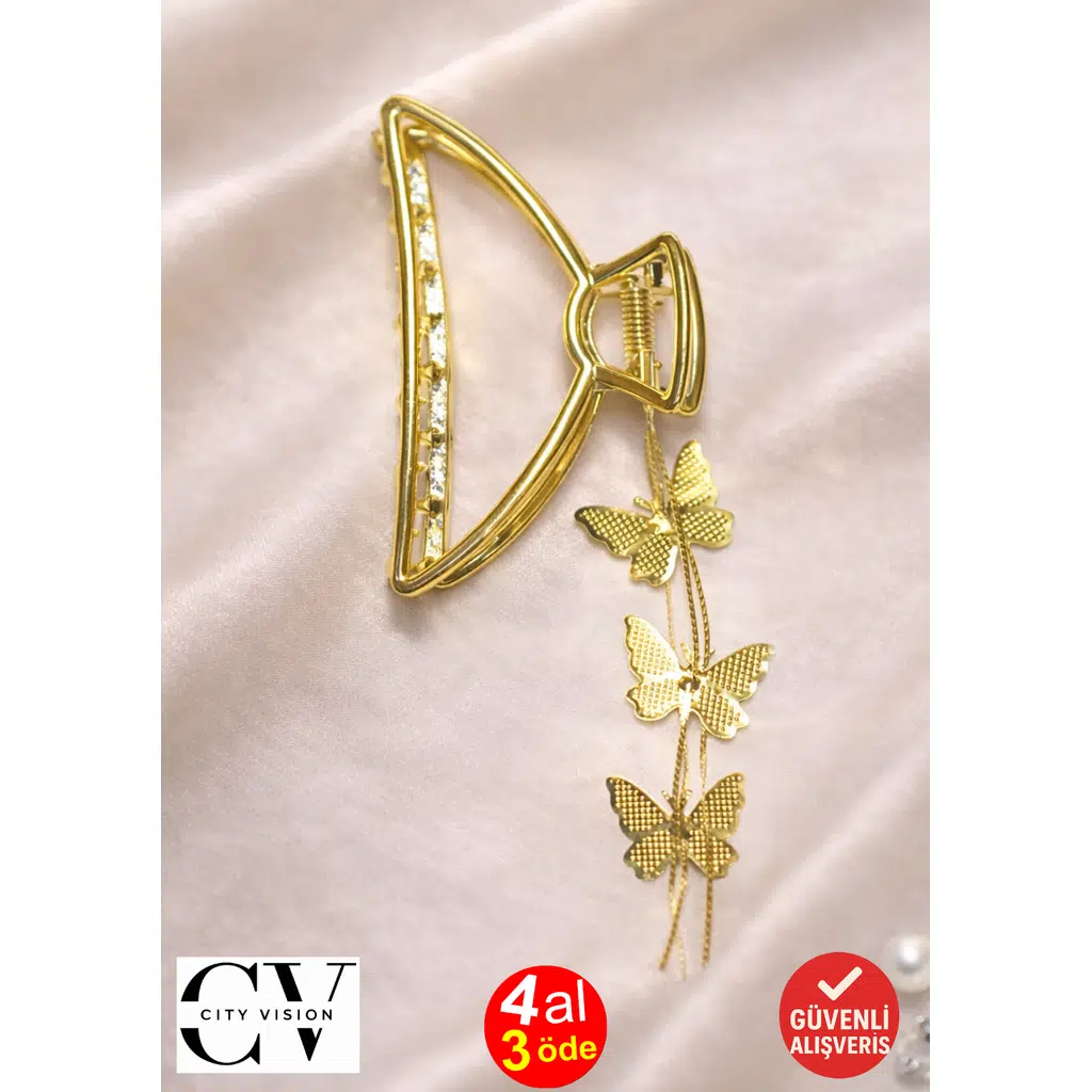 Gold Taşlı Kelebek Zincir Detaylı Metal Saç Tokası – Zarif ve Şık Mandal Toka 7 cm