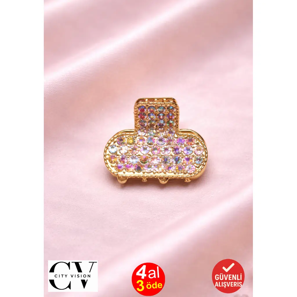 Gold Taşlı Mini Kadın Saç Tokası – Renkli Işıltılı Metal Mandal Toka 2 cm