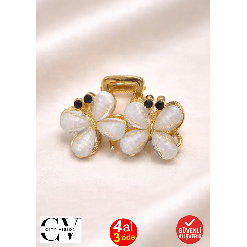 Gri İnci Görünümlü Kelebek Formlu Gold Kadın Saç Tokası – Zarif Taş Detaylı Metal Mandal Toka 4 cm