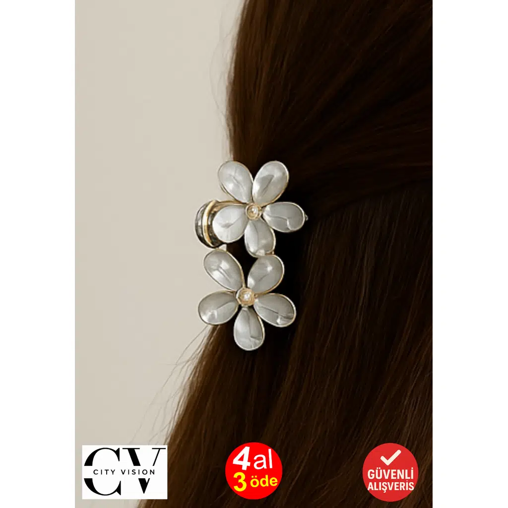 Gri Taşlı Çiçek Gümüş Detaylı Metal Mandal Toka 4 cm 