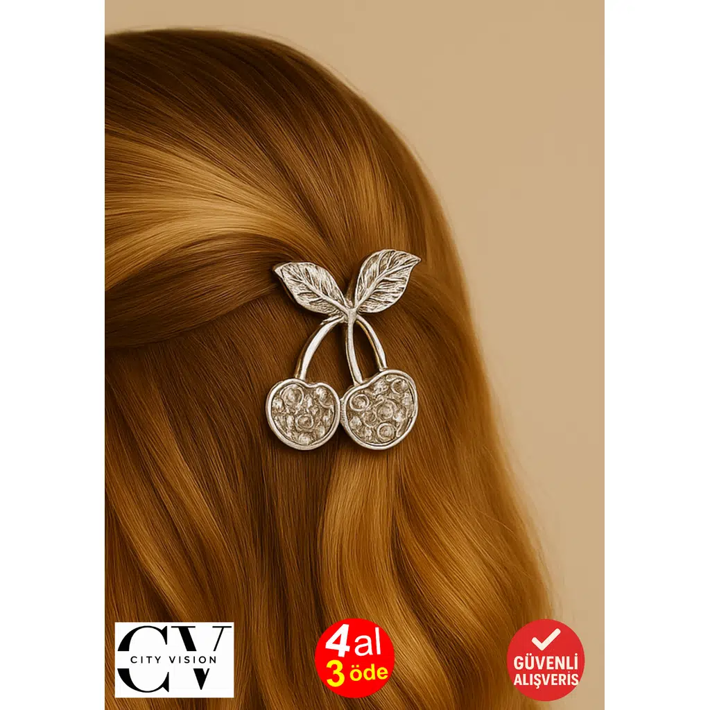 Gümüş Kiraz Formlu 7 cm Saç Tokası – Zarif ve Modern Metal Saç Aksesuarı
