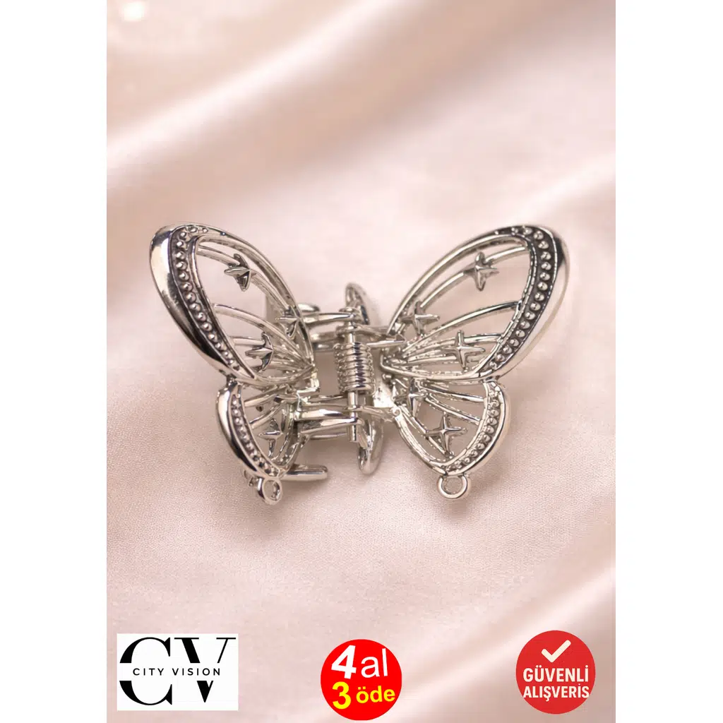Gümüş Metal Kelebek Model Saç Tokası – Zarif ve Modern Mandal Toka 5 cm 