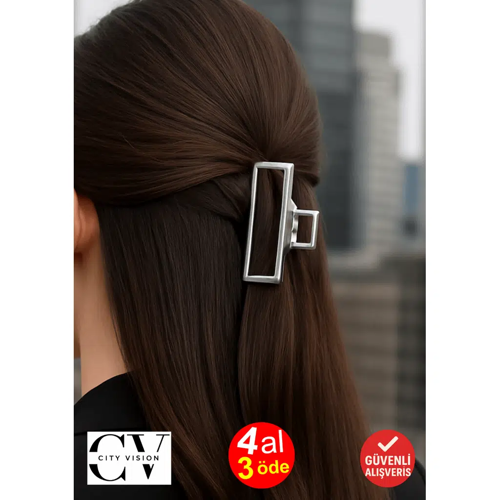 Gümüş Renk Dikdörtgen Metal Mandal Saç Tokası 9 cm