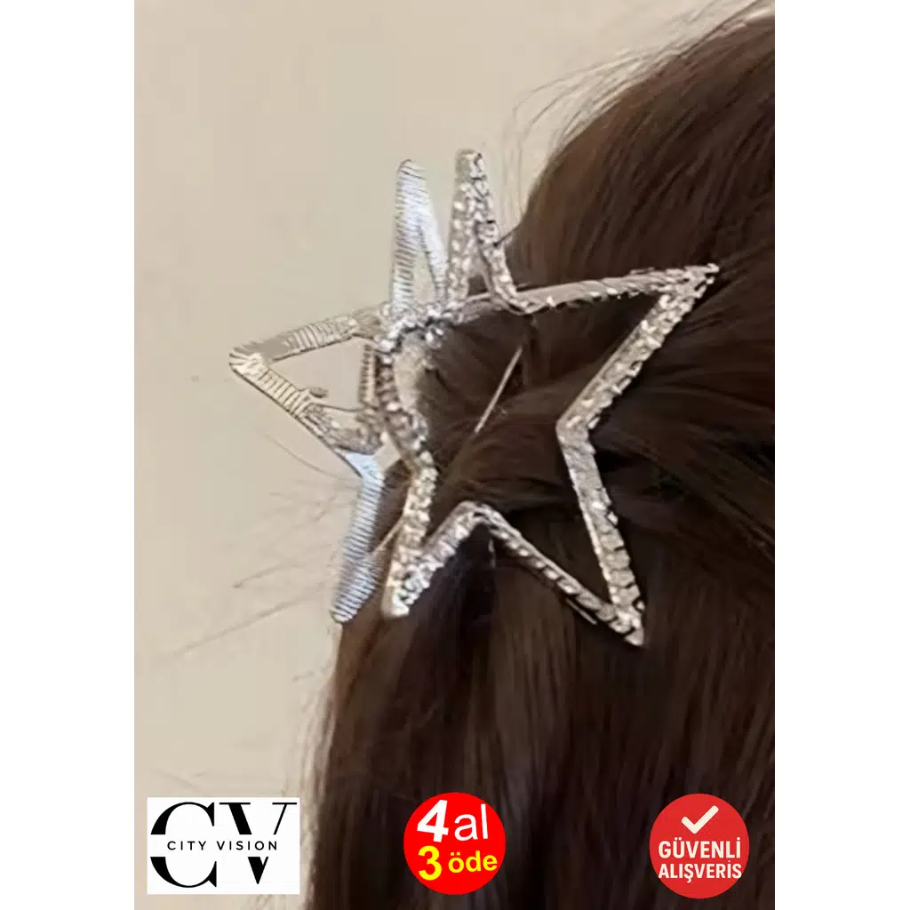 Gümüş Renk Metal Yıldız Model Mandal Saç Tokası 7 cm